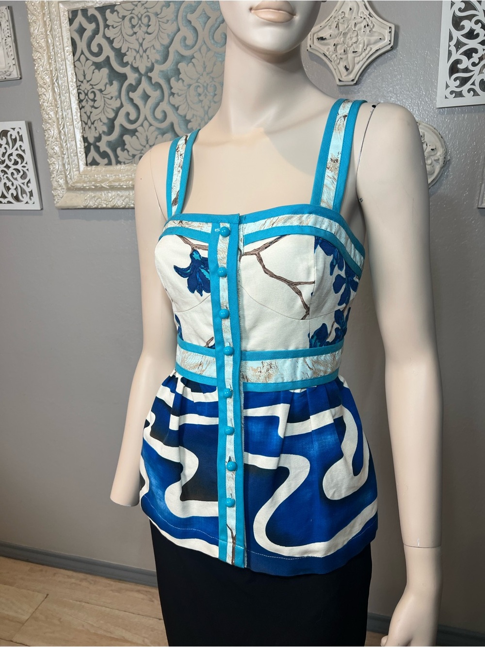 Tracy Reese Blue, Turquoise and White Floral Print Peplum Camisole - Picture 2 of 7
